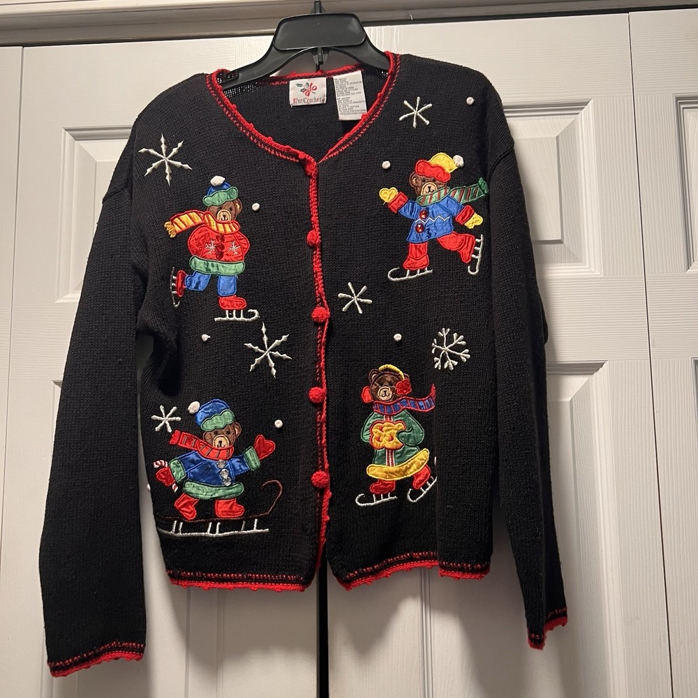 Vtg Nutcracker Christmas Cardigan Sweater Black Skating Teddy Bears Size Medium